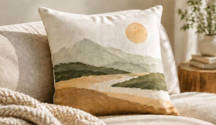 A custom pillow printed with a landscape illustration, on a sofa