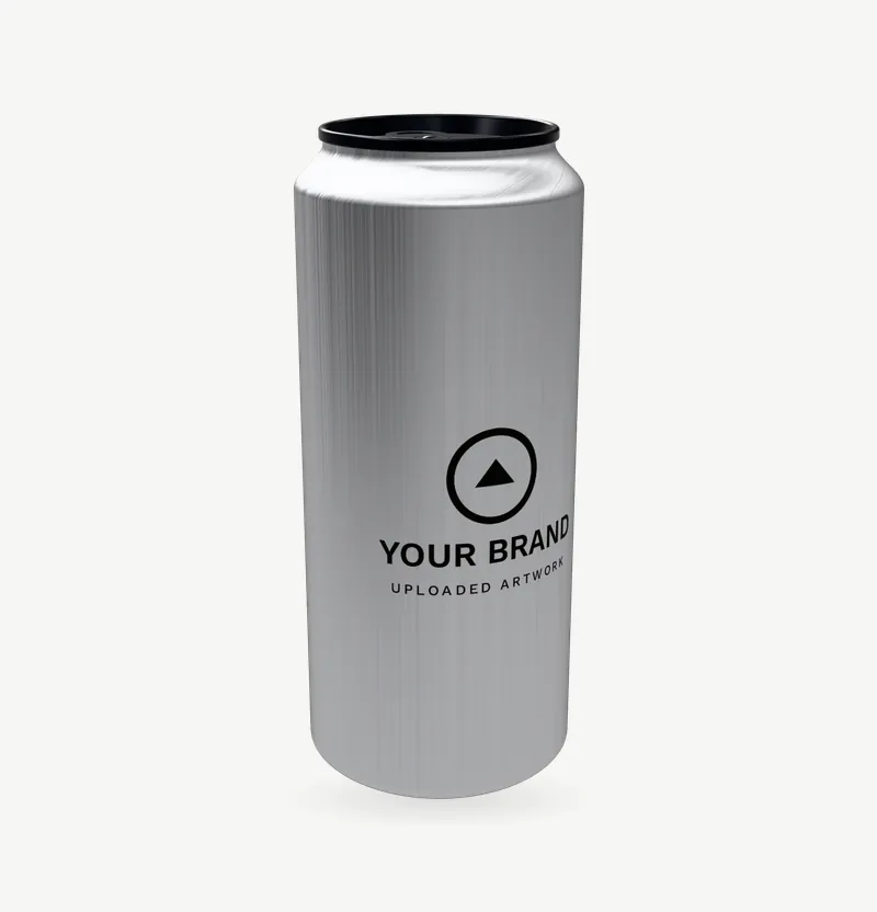 A matte 16 oz aluminium can with a black end and brand artwork