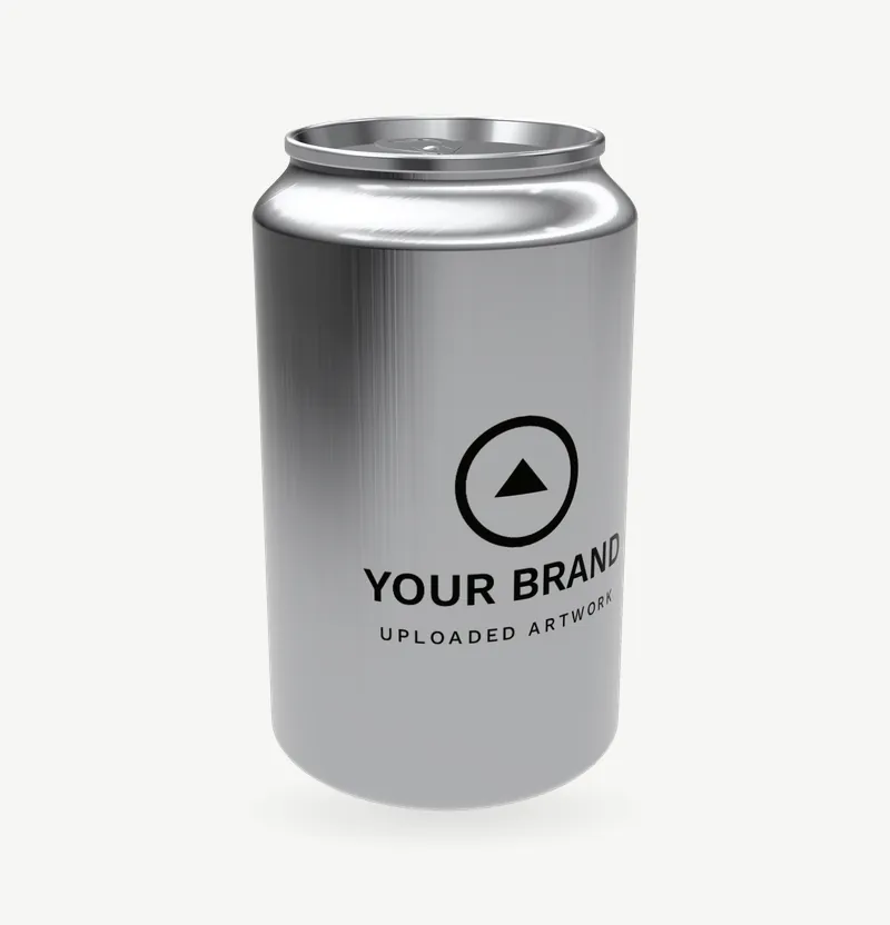 A bare aluminium drink can with brand artwork on its wrap