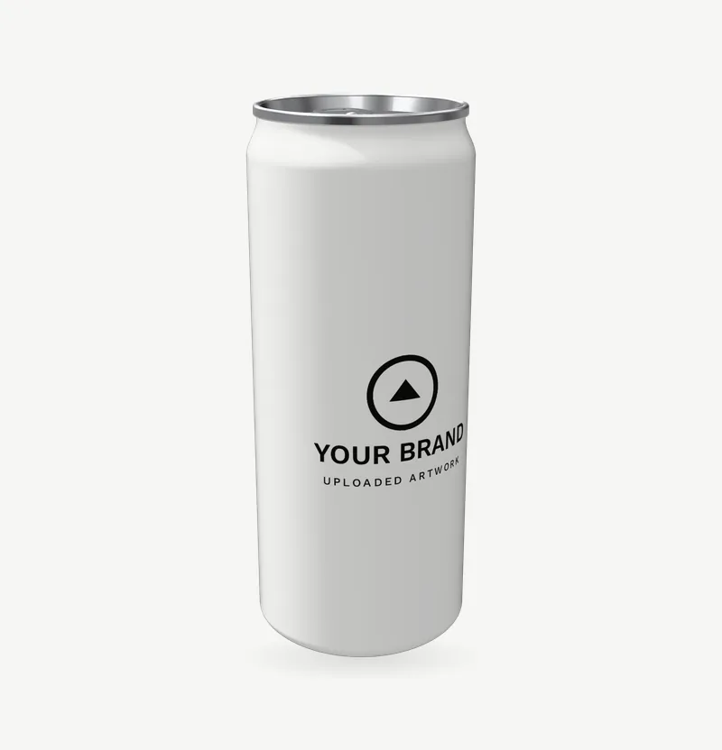A matte white sleek 330 ml aluminium can with brand artwork