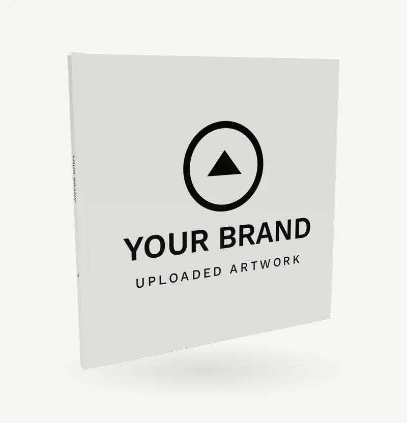 A square hardcover photobook with brand artwork