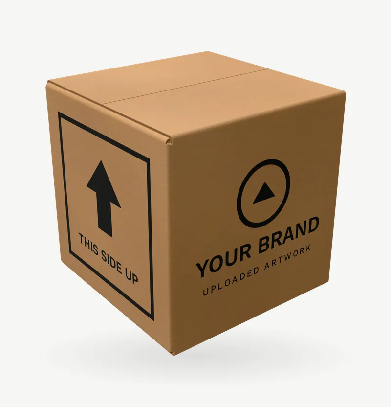 A kraft cube box with brand artwork