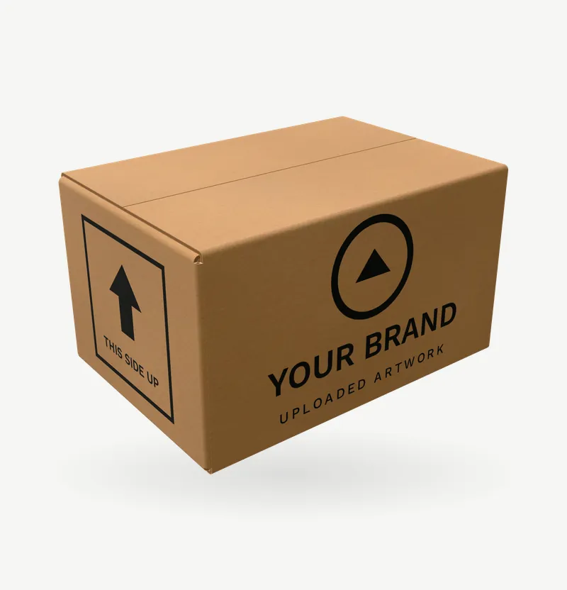 A kraft shipping box with brand artwork