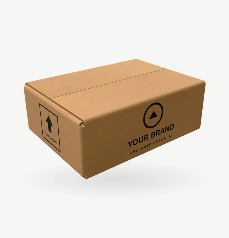 A kraft mailer box with brand artwork