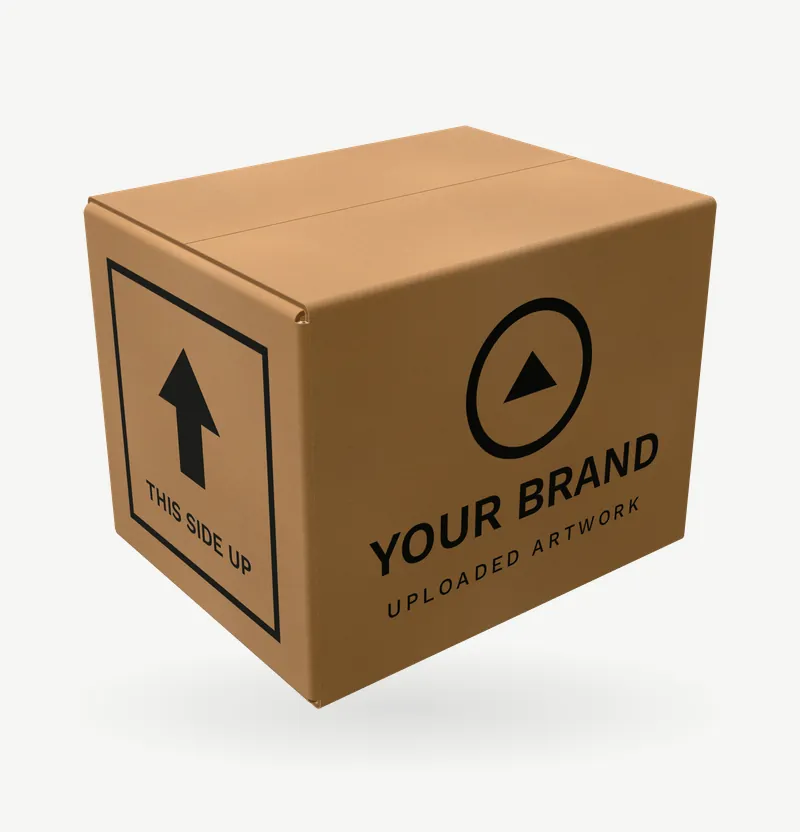 A large kraft moving box with brand artwork
