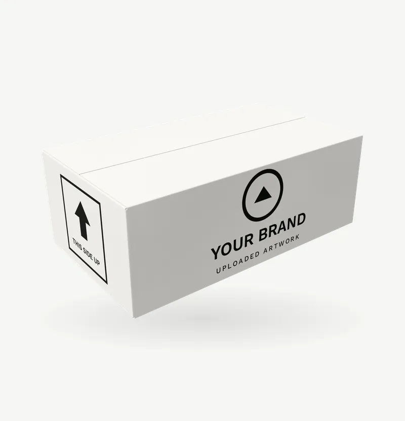 A white shoe box carton with brand artwork on its long side
