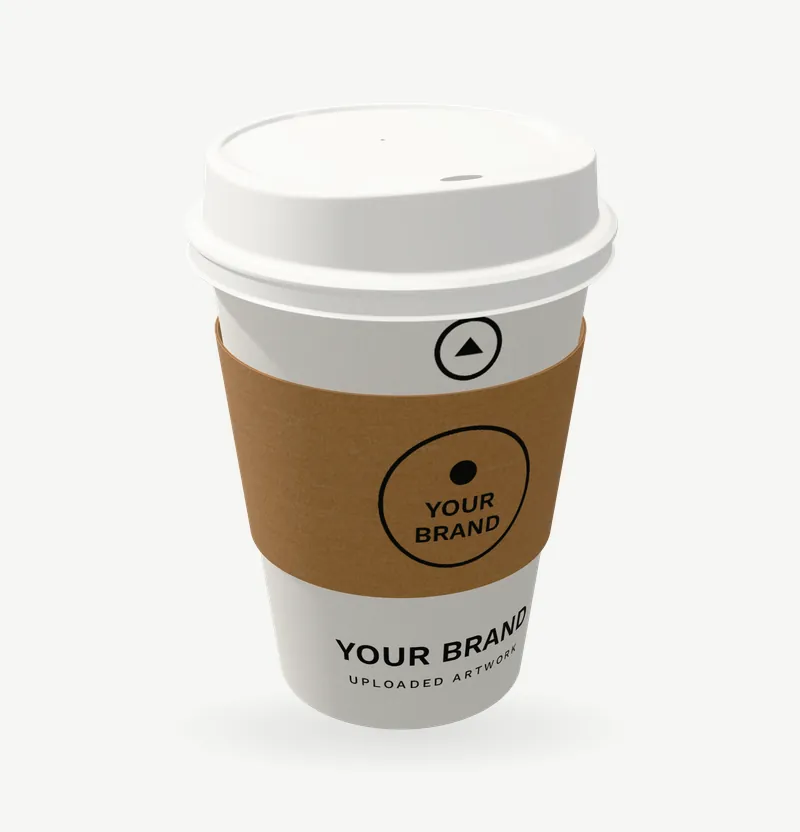 A 12 oz white coffee cup with a kraft sleeve and brand artwork