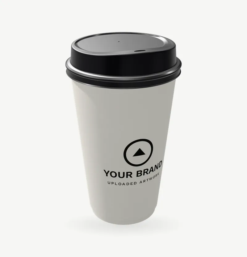 A 16 oz white double-wall coffee cup with a black lid and brand artwork