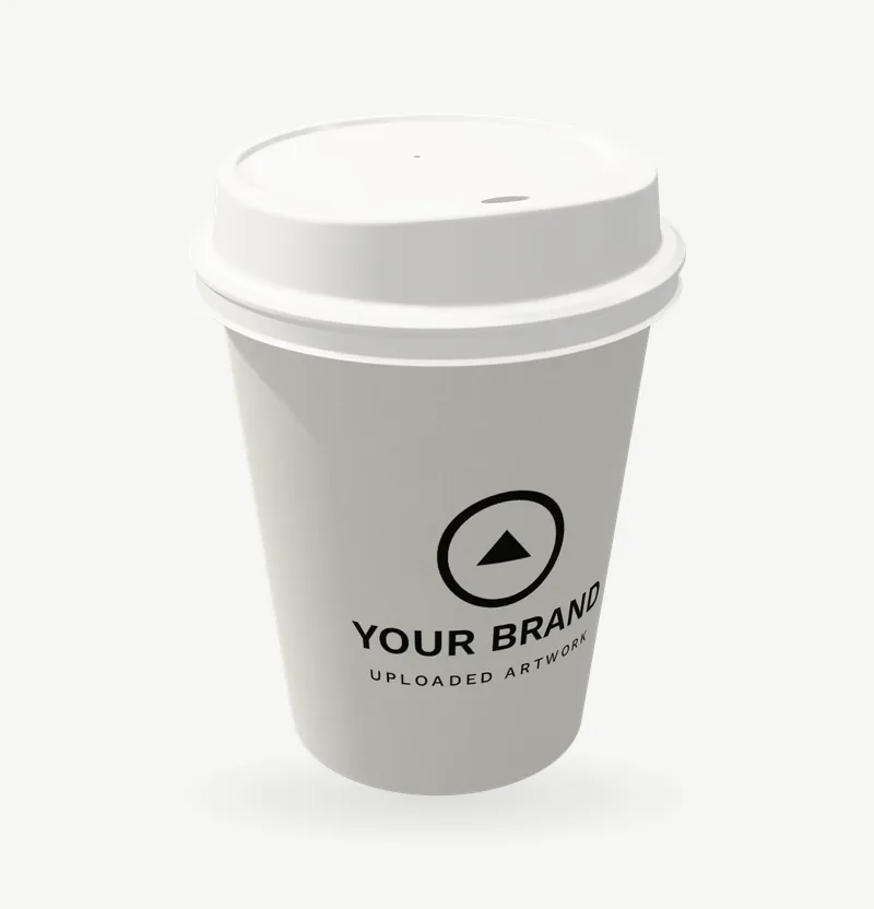An 8 oz white coffee cup with brand artwork