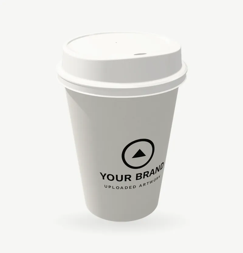 A white paper coffee cup with a white sip lid and brand artwork
