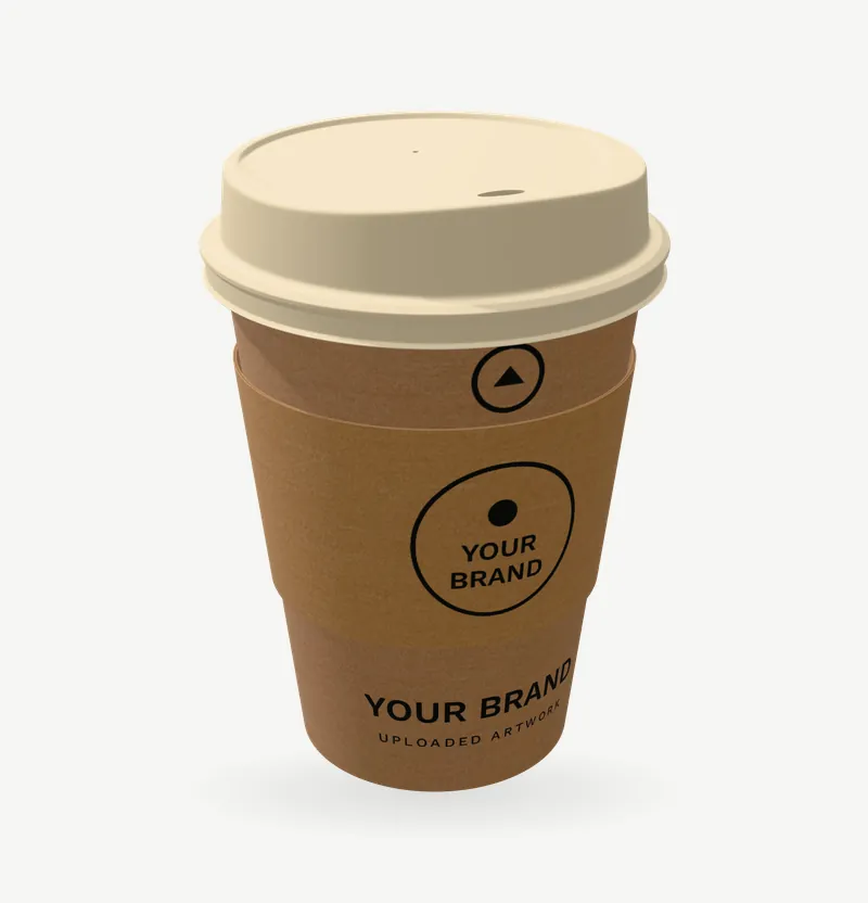 A kraft coffee cup with a kraft sleeve and a natural fibre lid