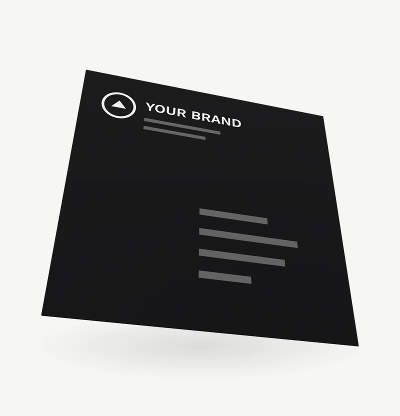 A black square envelope with a printed liner and brand artwork in light ink
