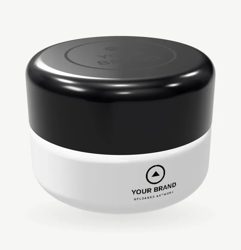 A white balm pot with a black lid and brand artwork