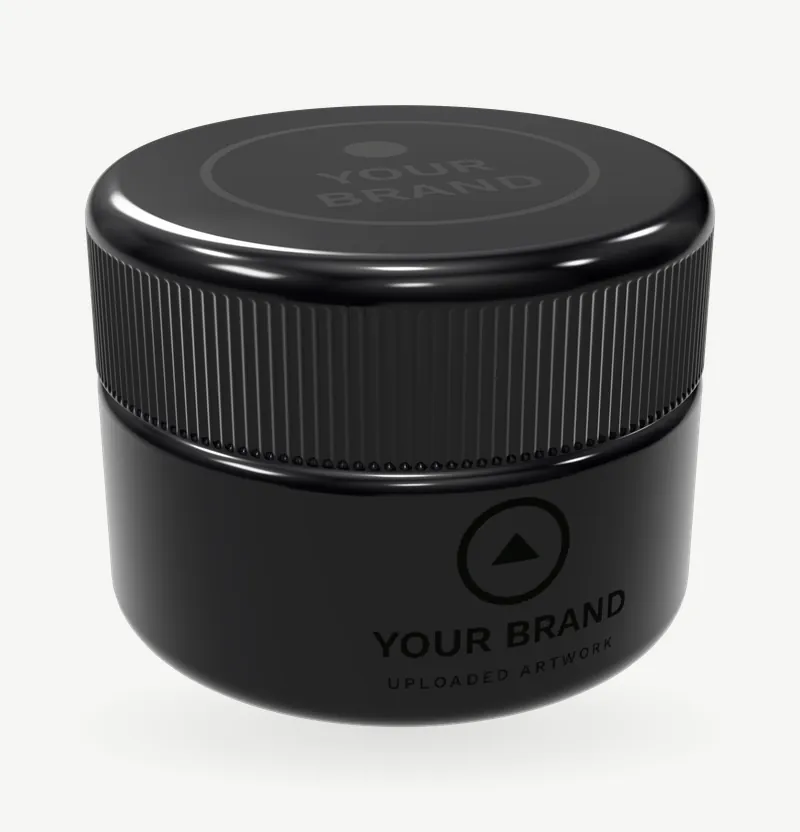 A black cosmetic jar with a ribbed lid and brand artwork