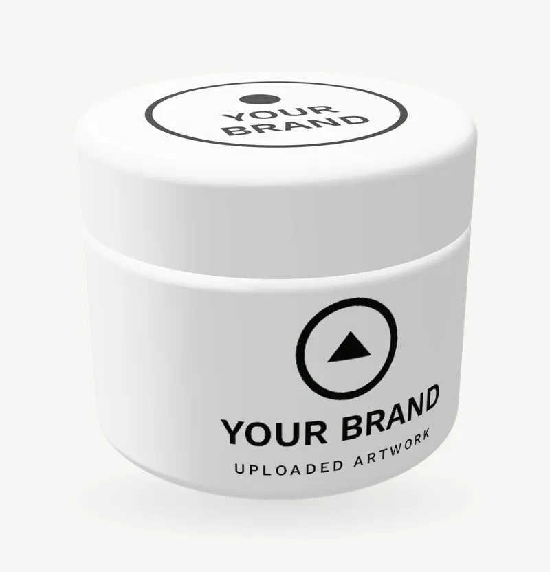 A white wide-mouth cream jar with brand artwork