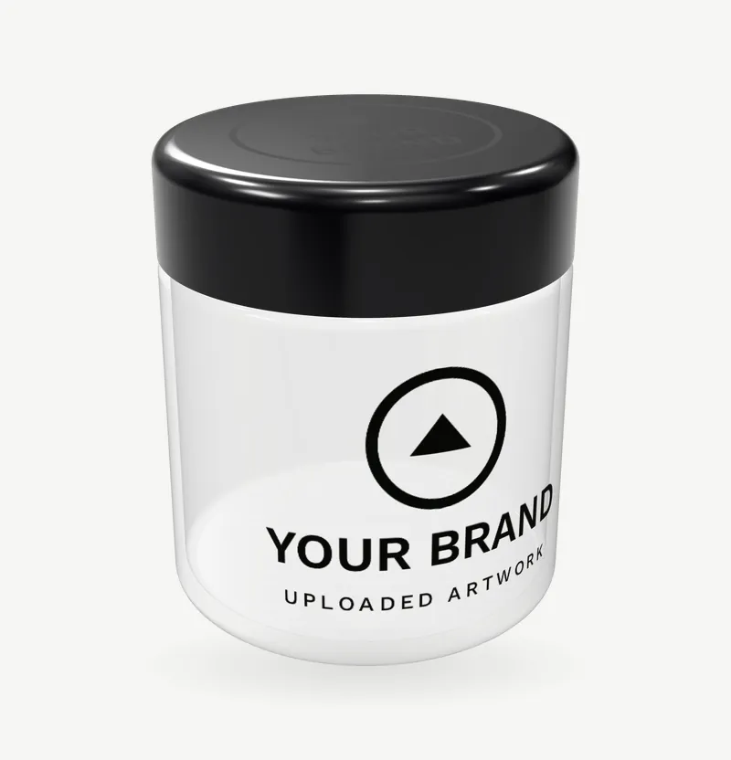 A clear jar with a black screw cap and brand artwork