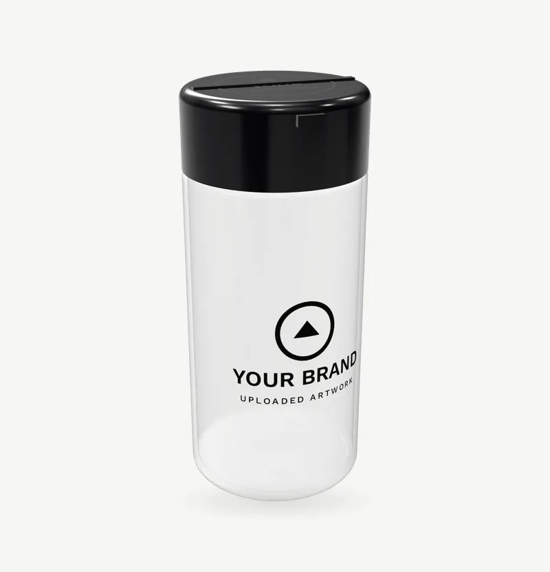 A clear spice jar with a black flip-top lid and brand artwork