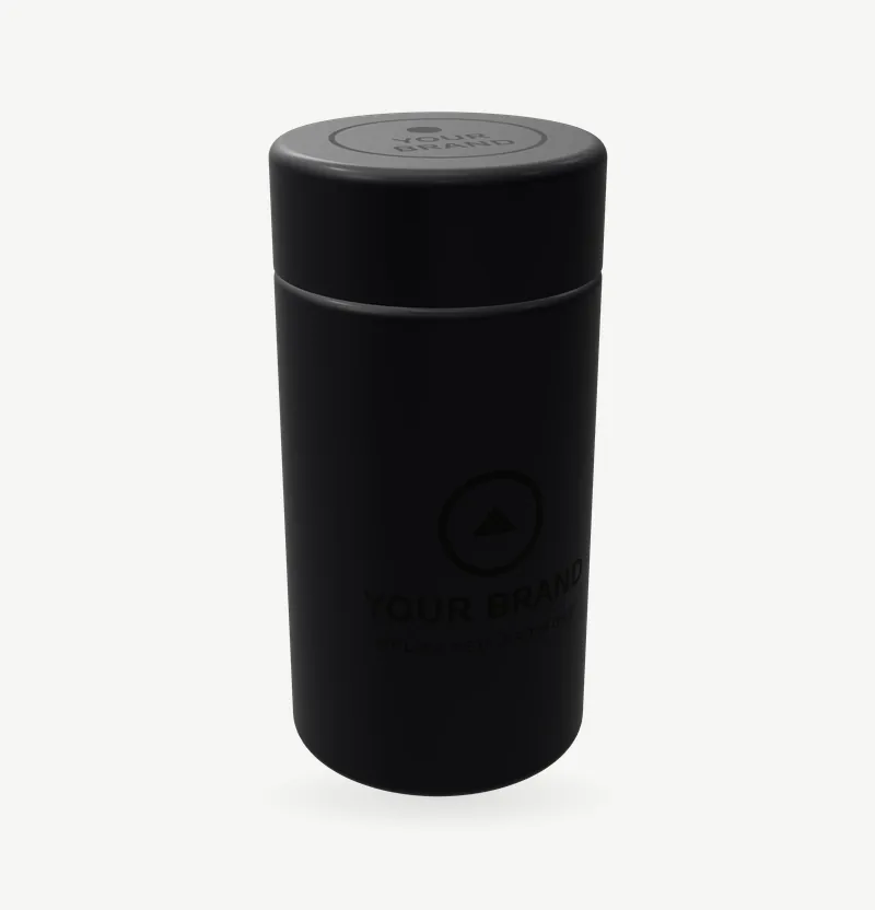 A matte black supplement jar with a full-wrap label