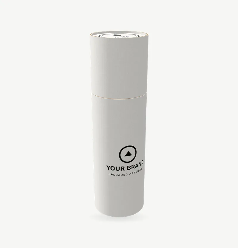 A white paper tube for an essential oil bottle with brand artwork