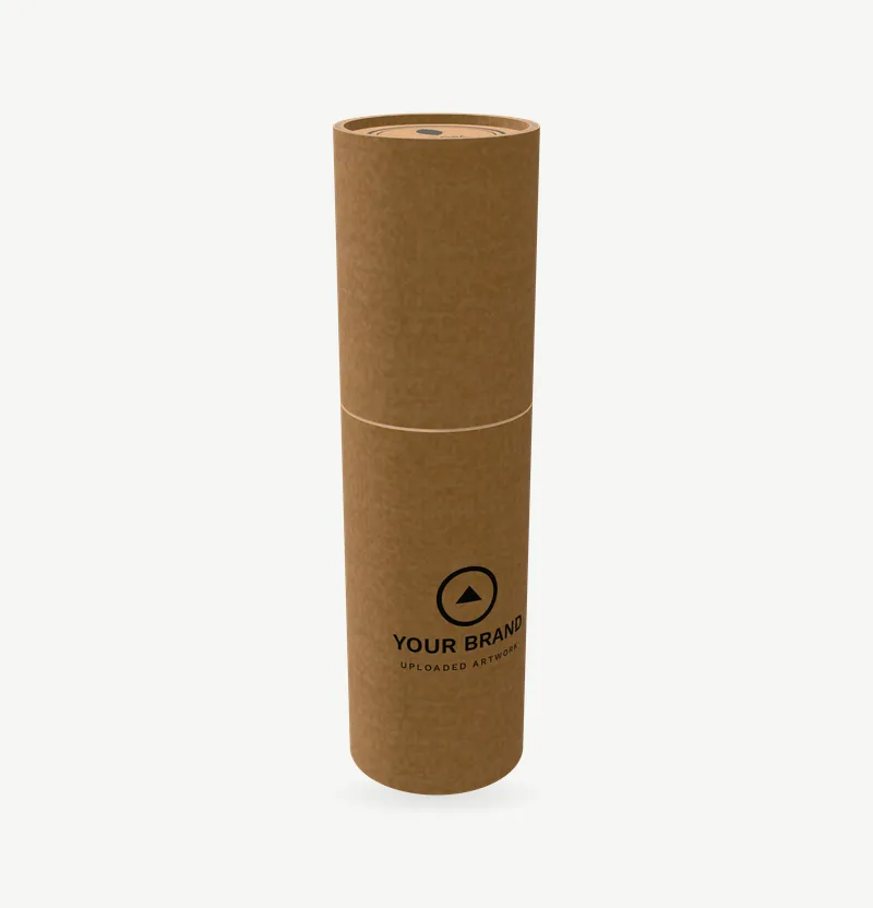 A kraft paper lip balm tube with brand artwork