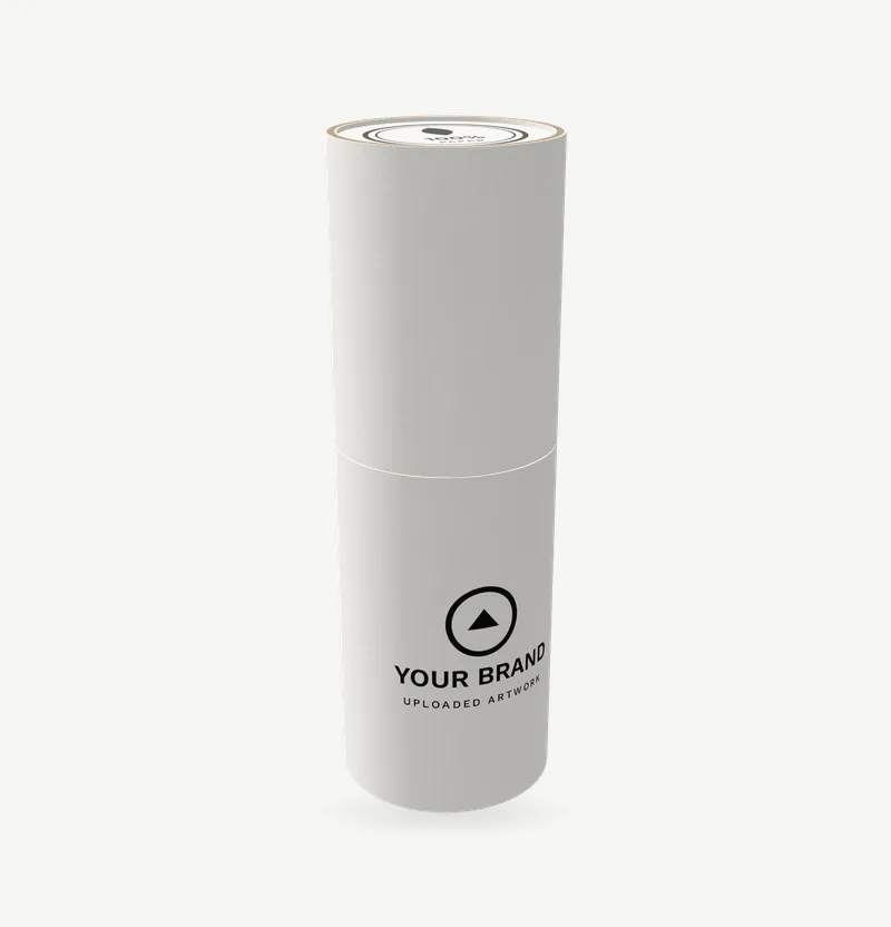 A white rigid paper tube for perfume with brand artwork