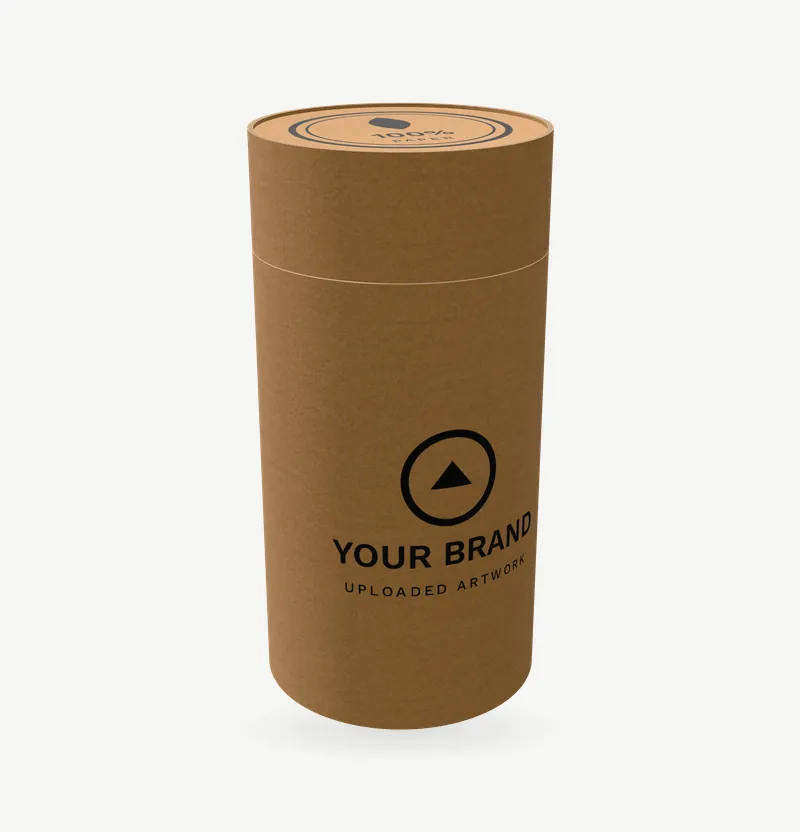 A kraft paper tea canister with brand artwork