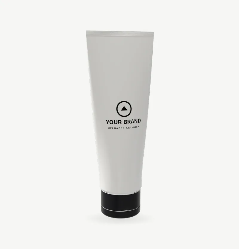 A white squeeze tube with a black flip-top and brand artwork