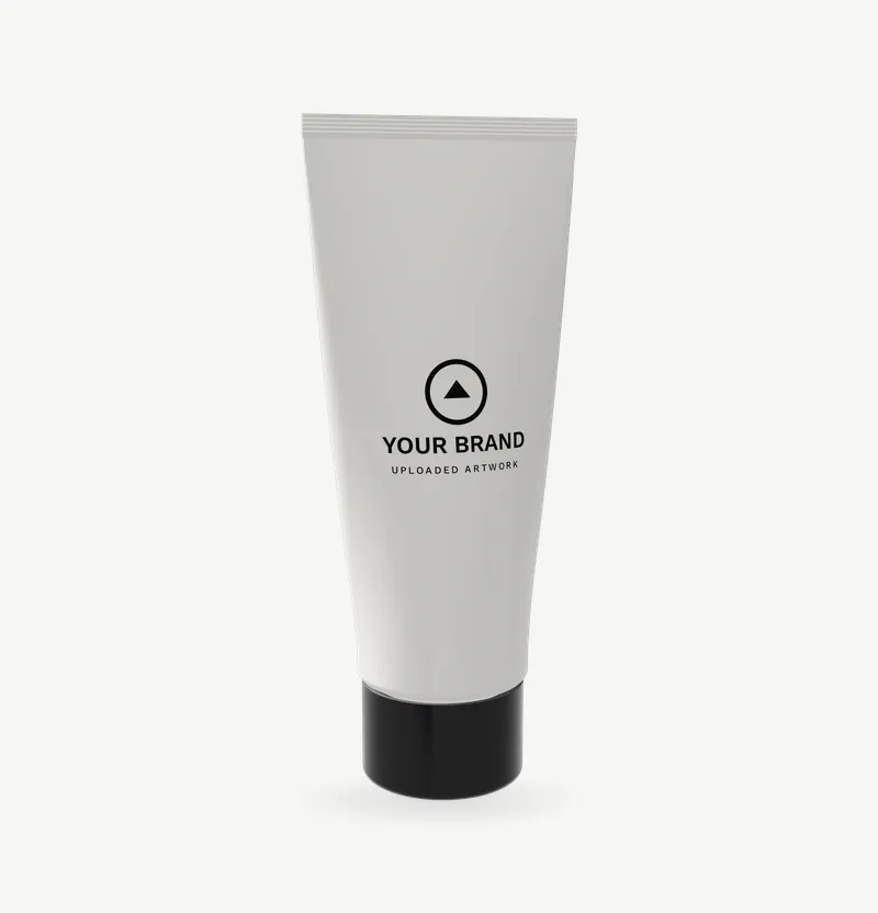 A white face cream tube with a black screw cap and brand artwork