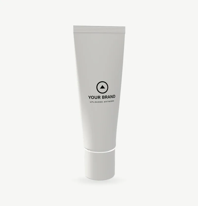 A small white sample tube with brand artwork